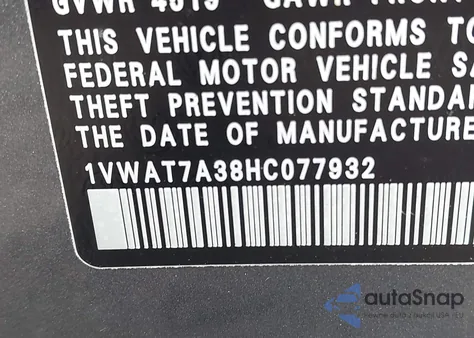 2017 Volkswagen Passat S из США, поврежденный, VIN 1VWAT7A38HC077932